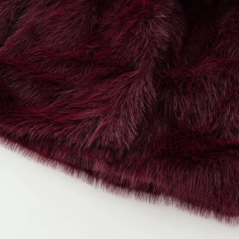 Women's Fur Coat Plush Burgundy Bomber Jacket Solid Crop Jacket Winter Coats