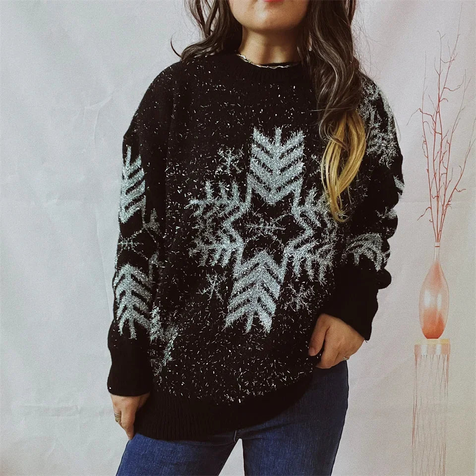 Loose-fit Line Big Snowflake Christmas Sweater Women's Pullover Thickened Crew Neck Sweater