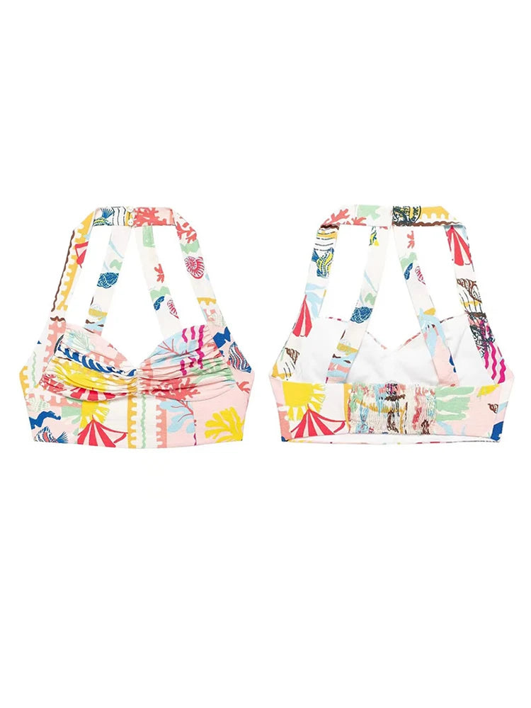 Colorful Printed Suspenders Skirt Set Women Patchwork Quilted High Waist Skirt Two Piece Summer