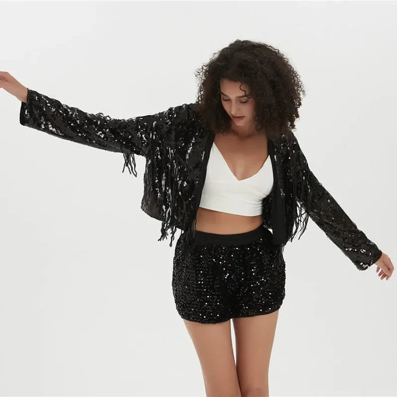 New Long Sleeve Sequin Tassel Patchwork Coat Cardigan Jacket