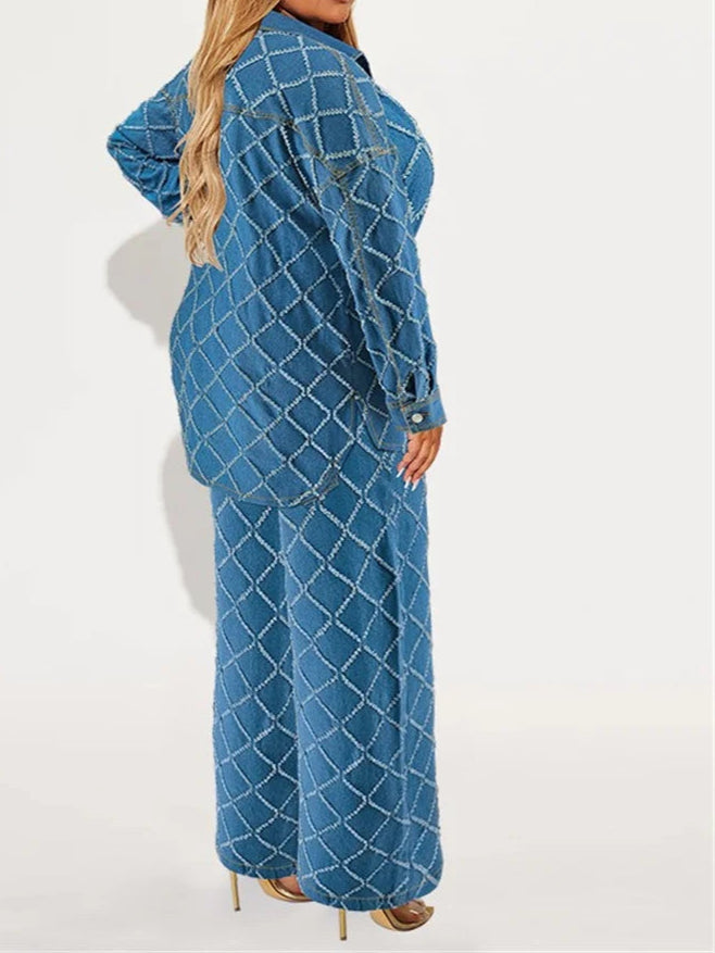 Plus Size Denim Two Piece Sets Women Long Sleeve Tops and Pants Matching Suits