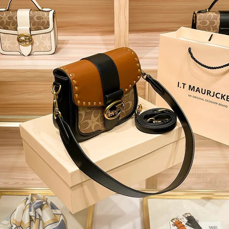contrasting color women's bag, high-end carriage crossbody bag, portable box bag