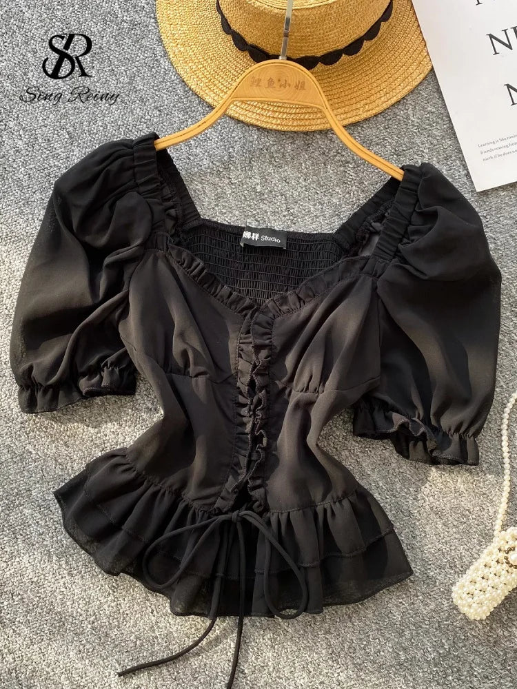 French Style Chiffon Blouse Square Neck Short Sleeves Ruffles Lace Up Beach Top