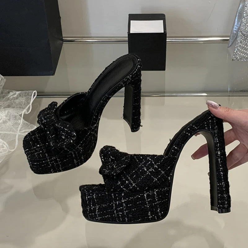 Pink Cloth Bowknot Designer Sandal Square Toe Super High Heels Platform Slippers for Women