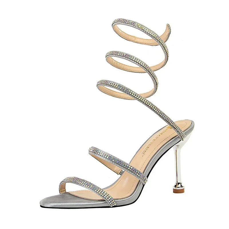 Women Luxury Party 8.5cm High Heels Summer Sexy Nightclub Sandals Female Red Green Ankle Strappy Roman Gladiator Crystal Sandles