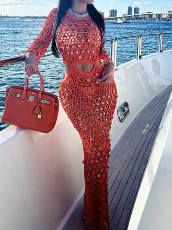 Fishnet Knitting Hollow Sequins Maxi Dress Sexy See Through Vacation Beach Dress Resort Wears