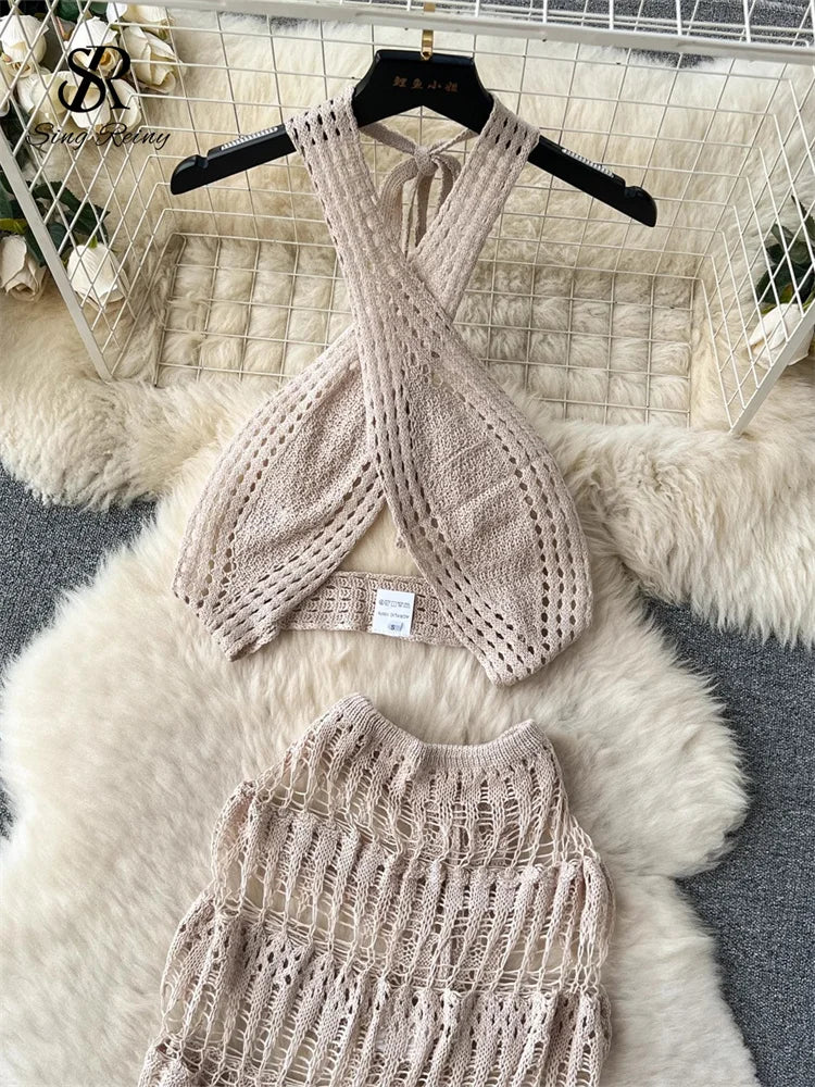 Hollow Out Female Beach Suits Fashion Cross Halter Camis+Split Long Skirt Two Piece Set Vacation Sets