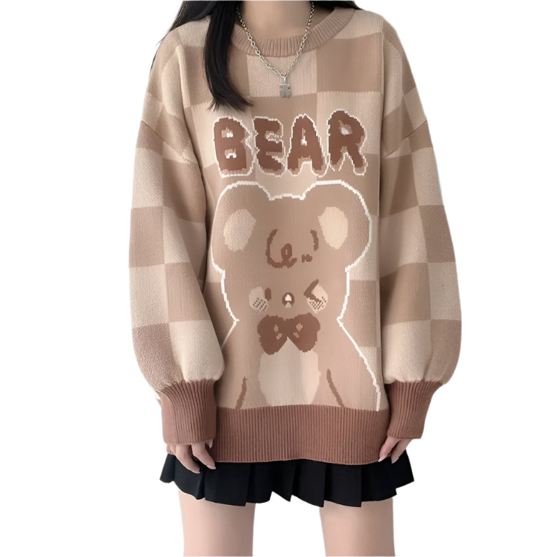 Sweet Bear Jacquard Pattern Sweater Harajuku Women Cute Loose Knitted Pullover
