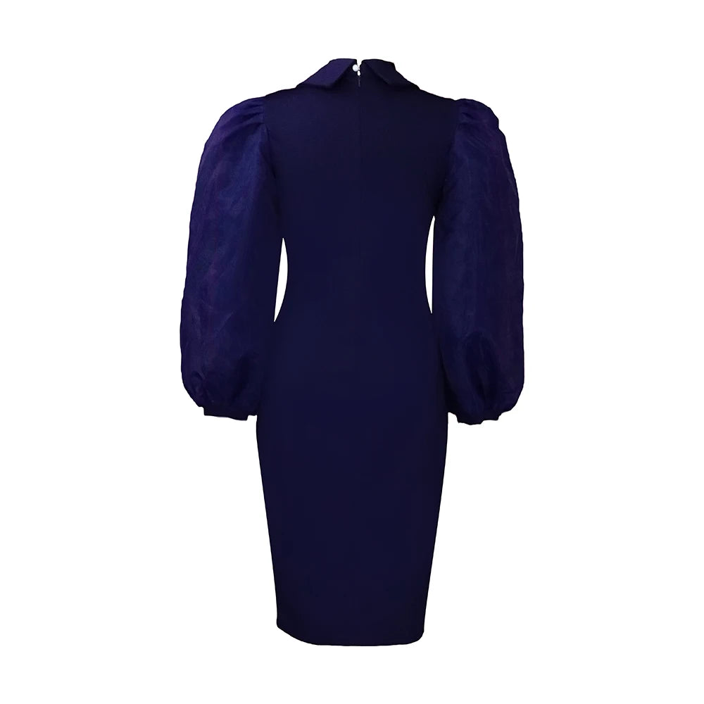 Elegant Office Dress fro Women Professional Full Sleeve Turn Down Collar Beaded Sheath Package Hips Mid Calf Formal Work Dress