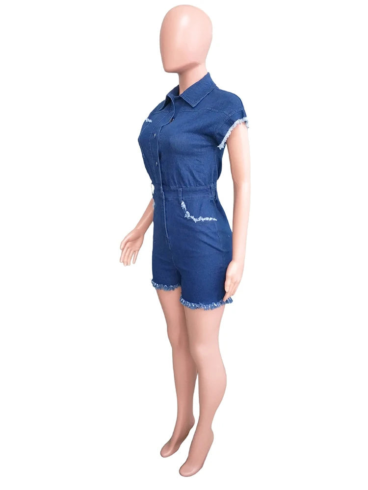 Elastic Blue Jeans One Piece Overalls Women Short Sleeve Turn-down Collar Stretch Denim Short Jumpsuit Romper Playsuits