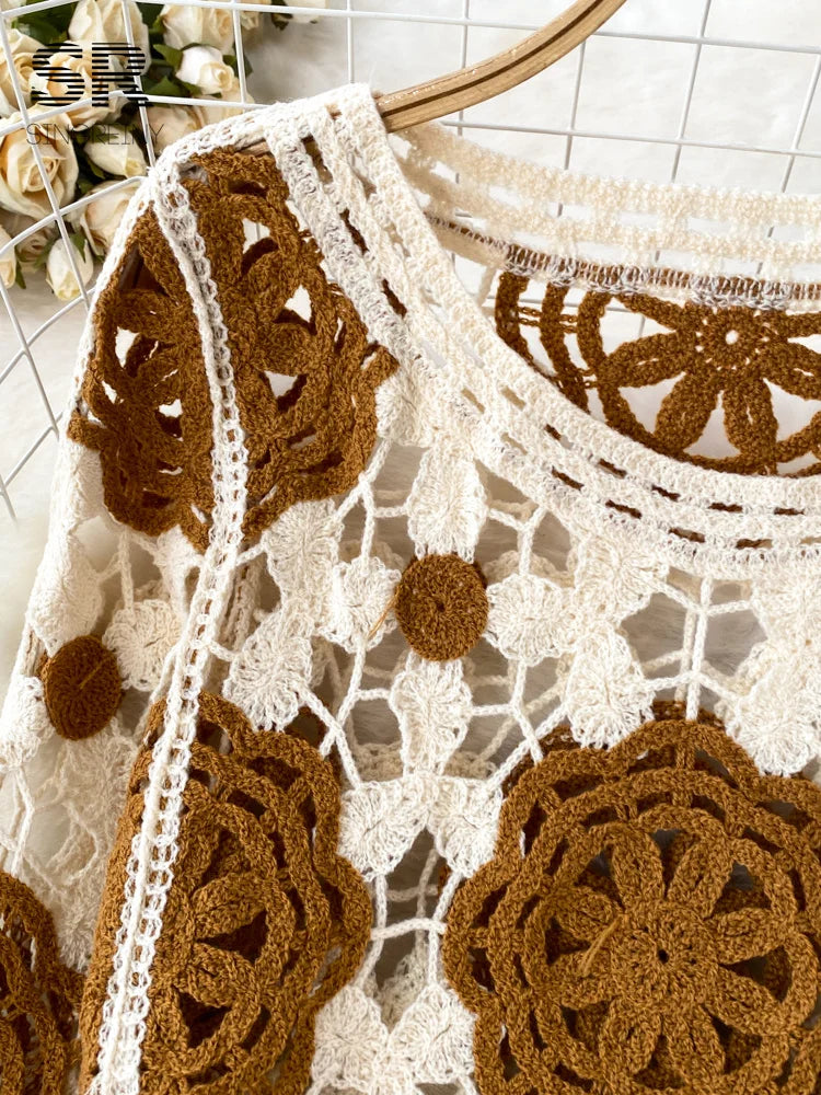 Sunscreen Hook Summer Knit Top Women Elegant O Neck Hollow Out Lantern Sleeve Ladies Vacation Tassel Beach Blouse