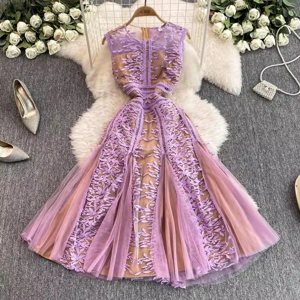 Solid Mesh Embroidery Dress Women's Sleeveless Round Neck Hollow Out Tulles Vestido