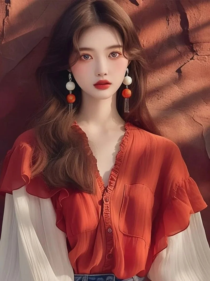 Chiffon Vintage Women's Shirts Patchwork Women Shirts Loose Long Sleeves Blouse