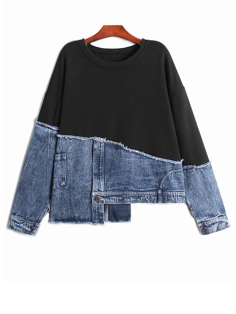 New Round Neck Long Sleeve Women Oversized Denim Sweatshirt