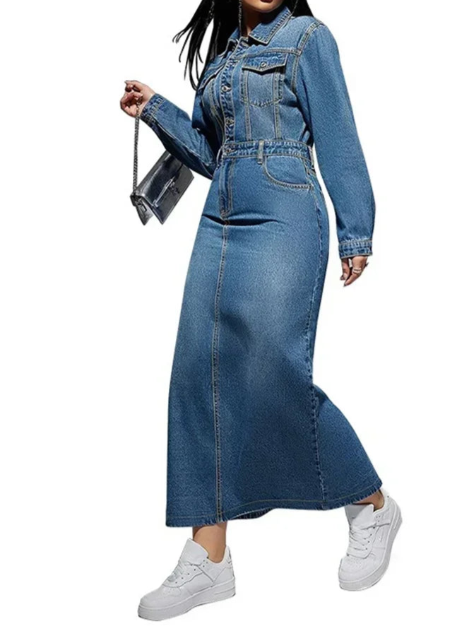 Denim Dress Women Sexy Button Bodycon Maxi Fashion Slip Hem Pockets Maxi Dressers