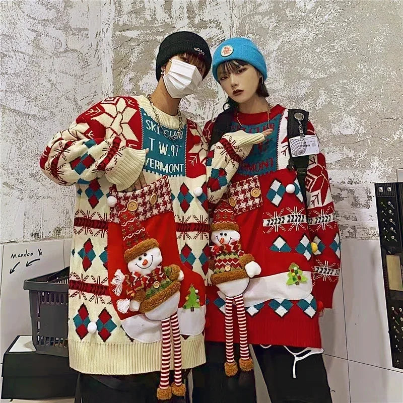 Christmas Style Pullover Sweater Women Y2K Crew Neck Couples Knit Sweater