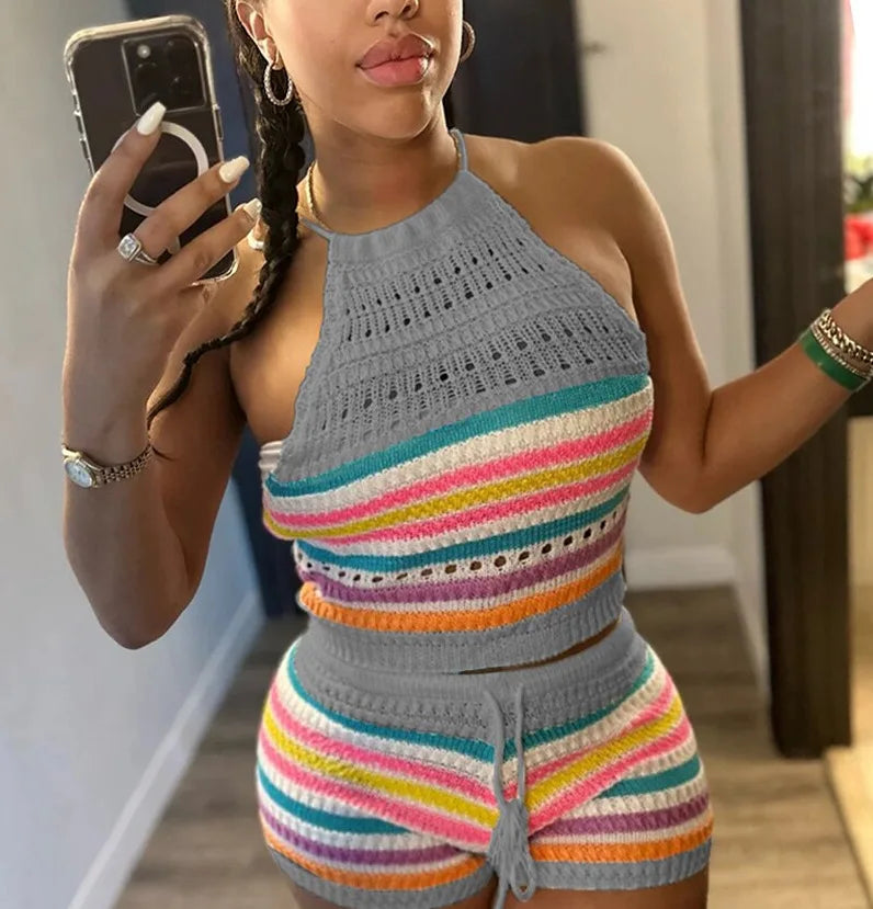 Striped Hollow Out Top & Drawstring Shorts Set Women Two Piece Set Y2k Club Beach Vest Halter Tops Elastic Waist Summer outfit