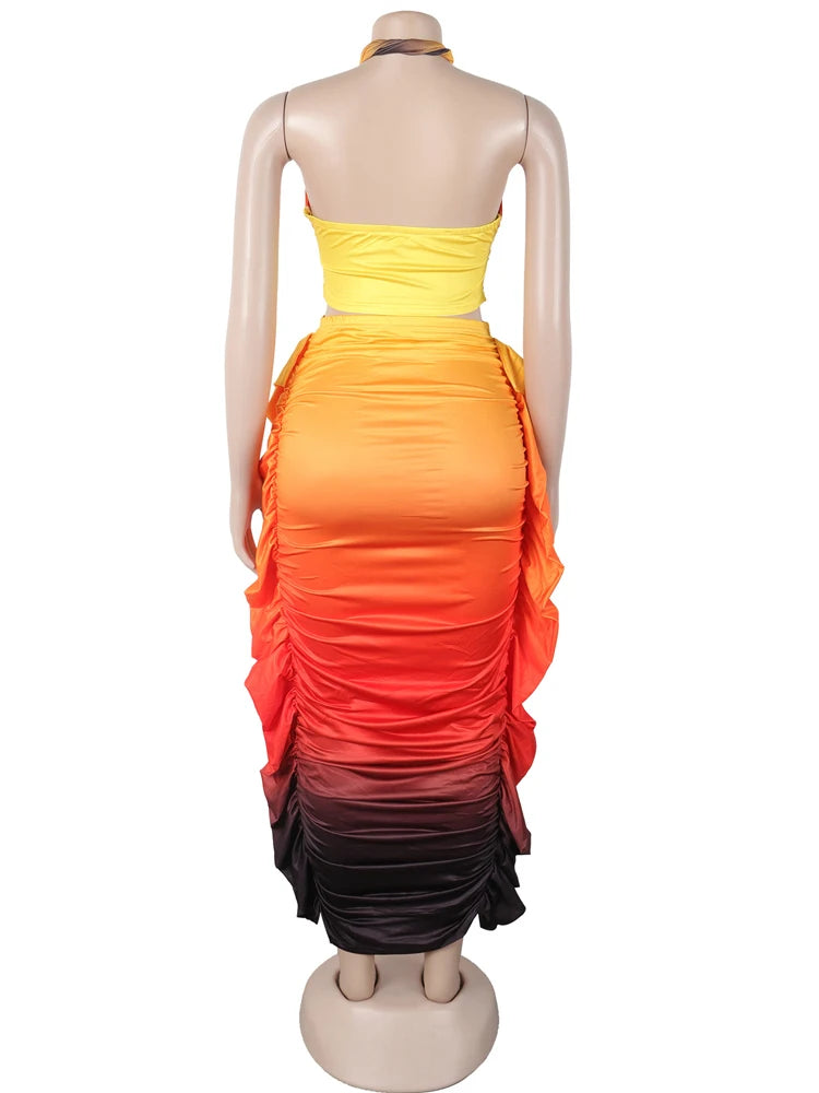 Tropical Goddess Halter Neck Crop Top And Maxi Skirt Set Resort Two-Piece Set