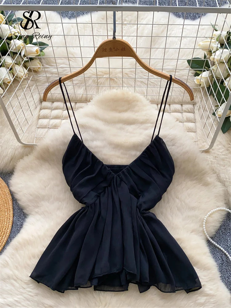 Chiffon Tops Straps Deep V Backless Top Ruffles Short Tank Top Vacation Style Sexy Tops