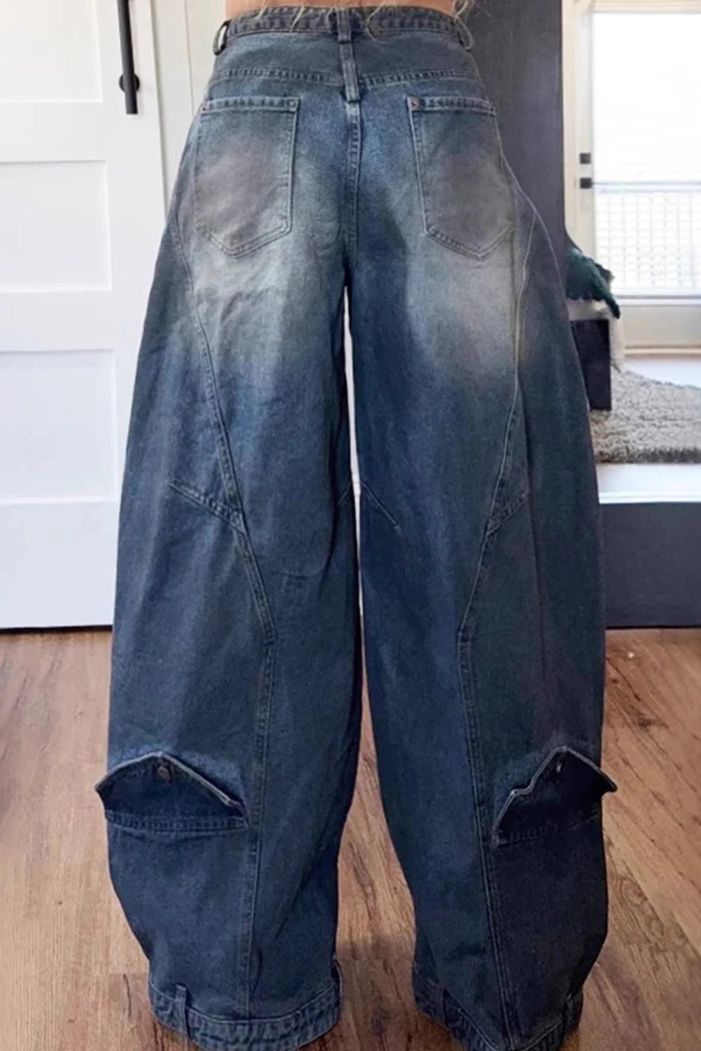 Women Loose Denim Jeans Pants Asymmetric Button Pocket Washed Jeans for Women