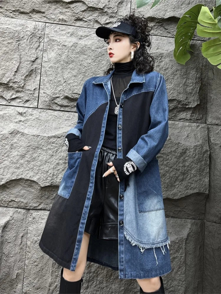 Oversized Denim Autumn Midi Trench Coat for Women