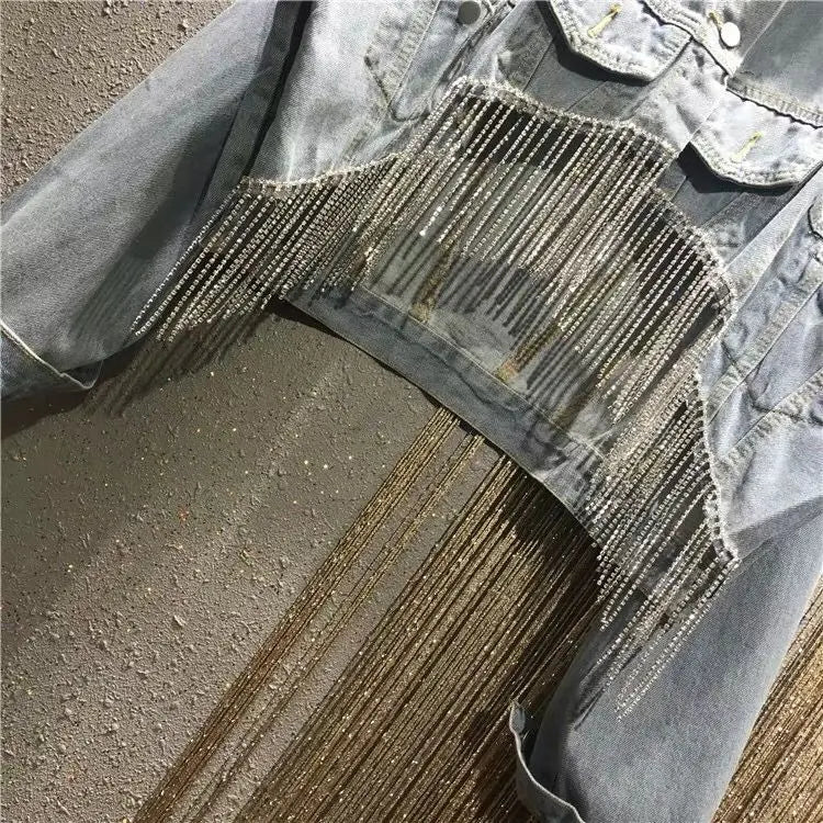 Heavy Industry Rhinestone Tassel Denim Jacket Women Outwear Jacket