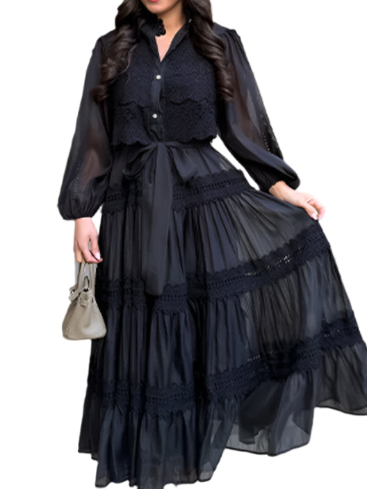 Long Sleeve Hollow Out Floral Dress Women Elegant Lapel Lantern Sleeves Maxi Dresses