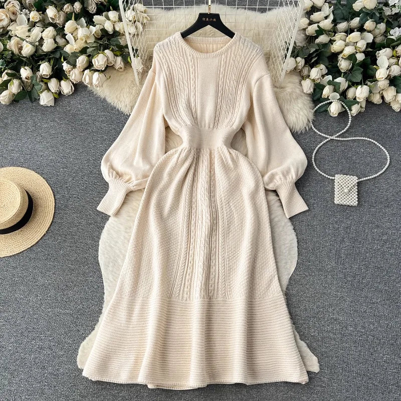 Lazy Style Round Neck Waist Wrapped Slim Mid Length Bubble Sleeve Knitted Dress