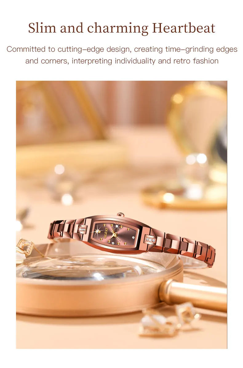 Slim Thin Luxury Tungsten Steel Band Tonneau Design Quartz Ladies Watch