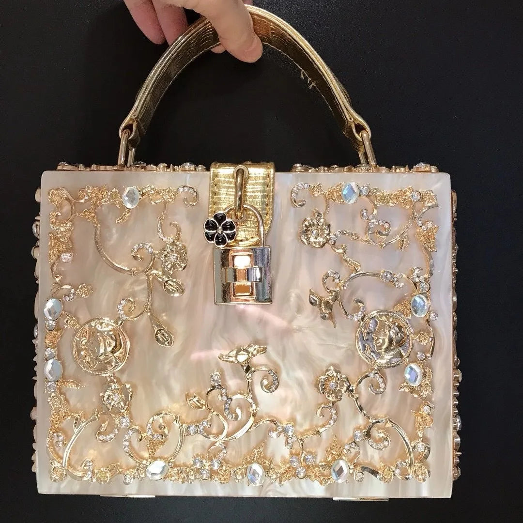 High-Grade Crystal Evening Bag Female New Hollow Out Metal Carved Flower Diamond Handbag