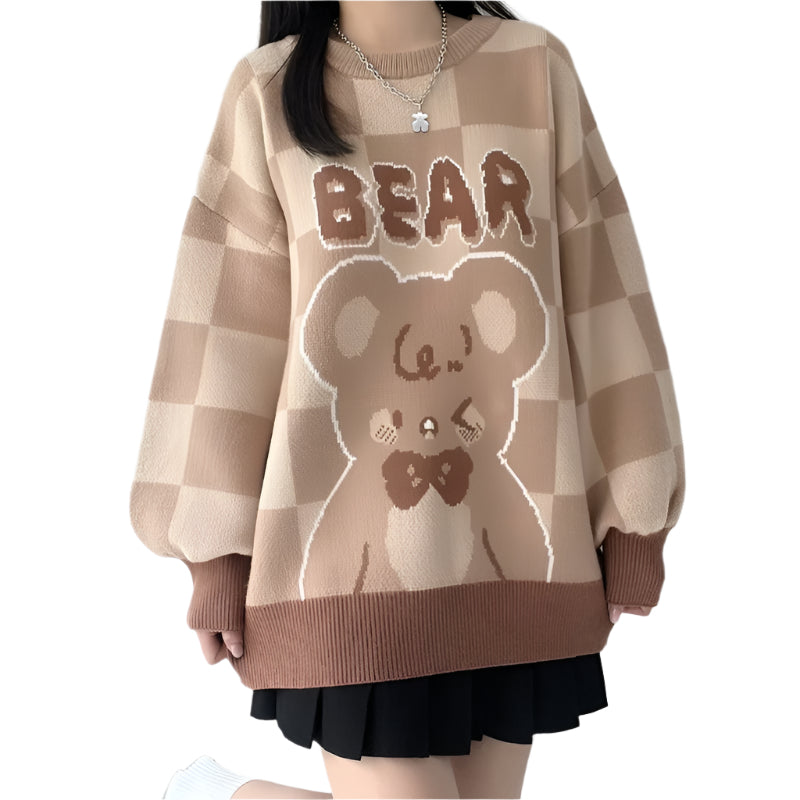 Sweet Bear Jacquard Pattern Sweater Harajuku Women Cute Loose Knitted Pullover