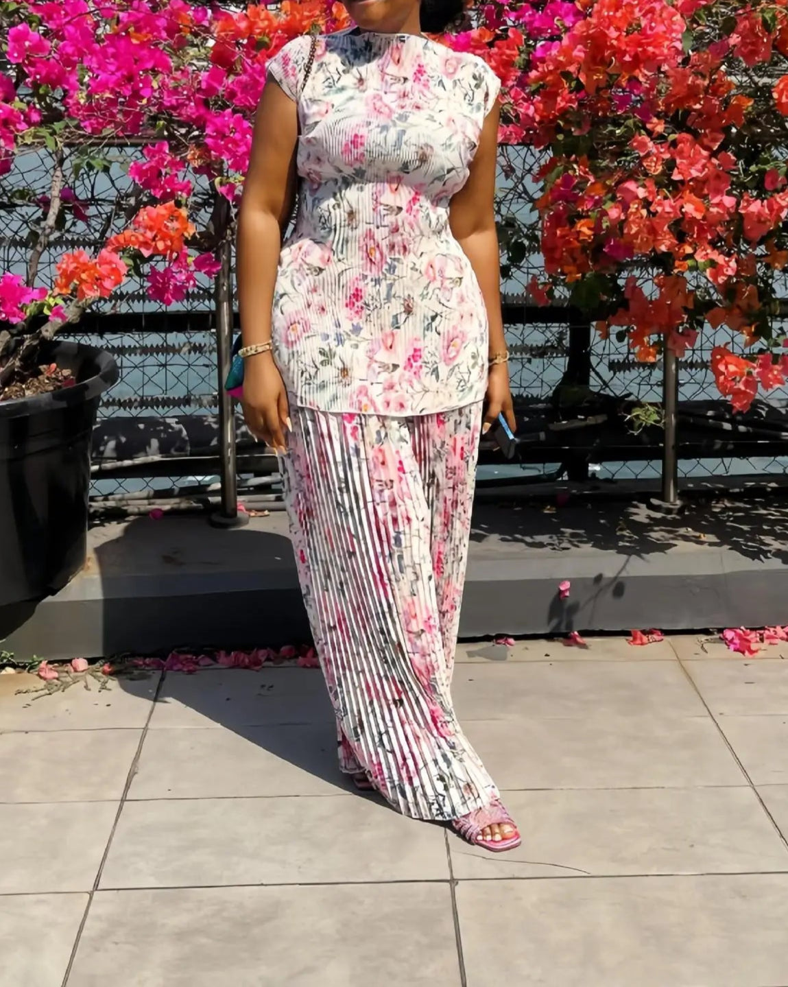 Women Set Floral Print Short Sleeve Pleated T-Shirt + Wide Leg Pants Two 2Piece Sets