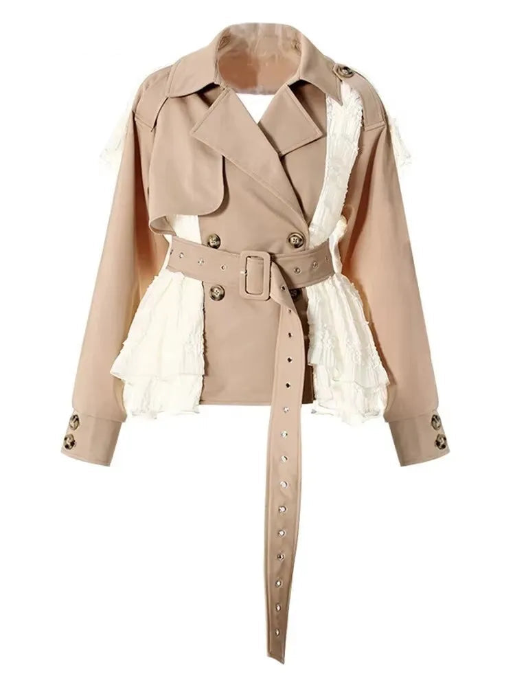 Lace Patchwork Trench Coat Women's Lapel Loose Double Breasted Windbreaker