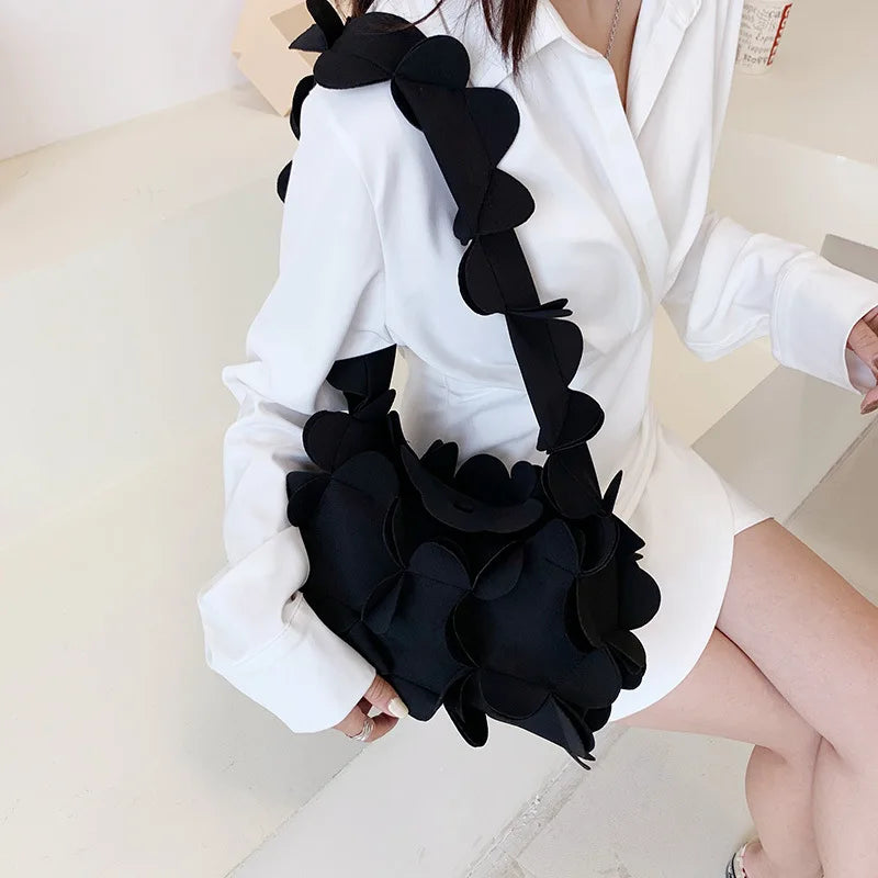 3D Flower PU Leather Armpit Purse Shoulder Bags Women Solid Color Fabric Crossbody Bag