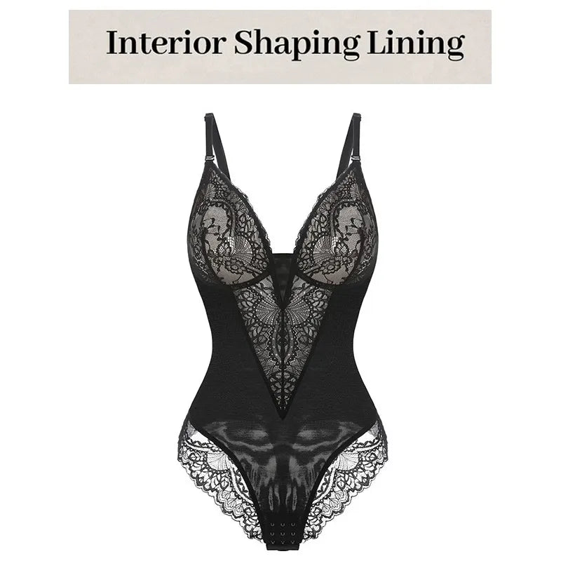 Sexy Deep V-Neck Lace Slimming Body Shaper Plus Size Tummy Control Push Up Bodysuit
