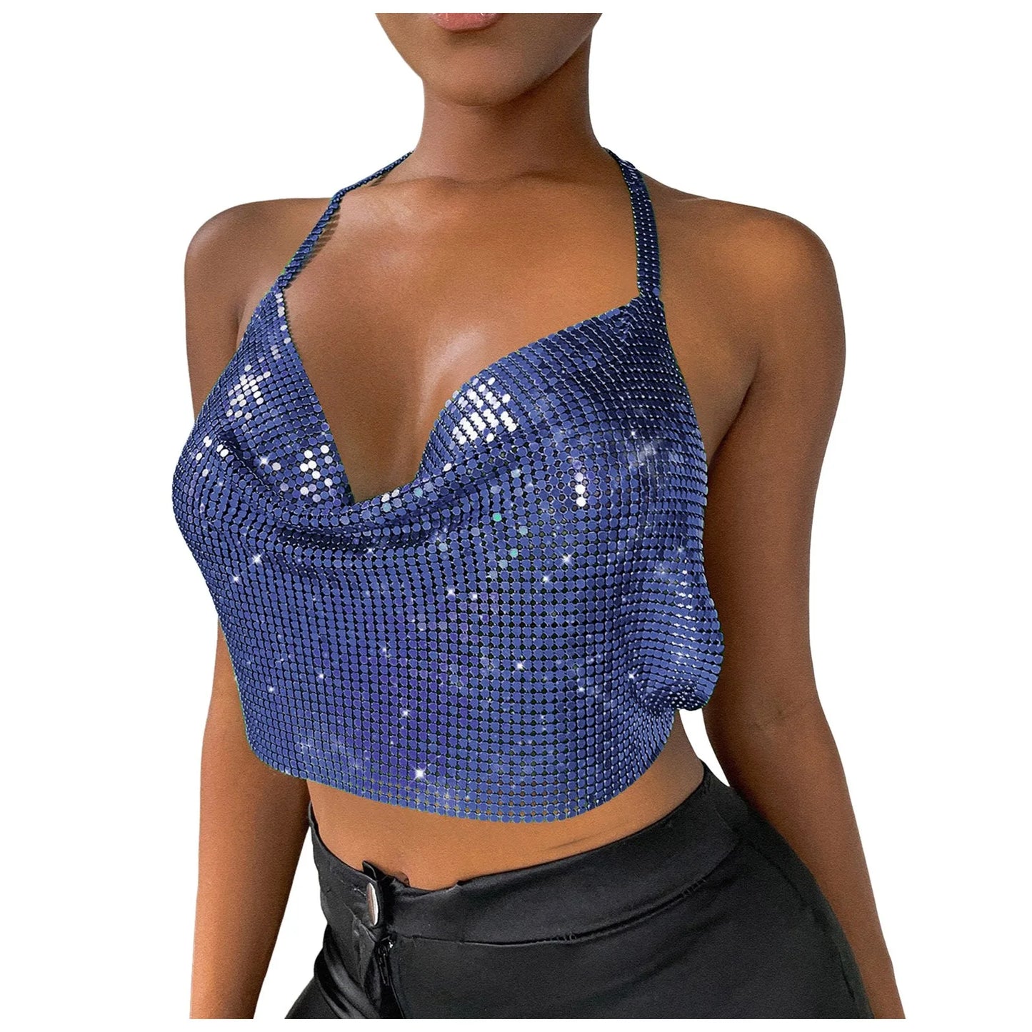 Sexy Sequins Metal Crop Tops Women Suspenders Halter Backless Night Club Tank Top