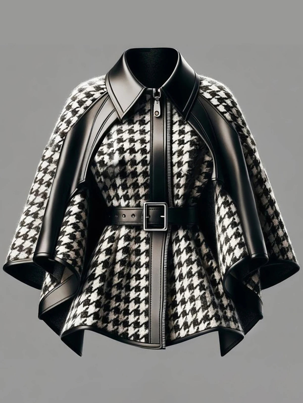 Houndstooth Pattern Women's Jacket Asymmetrical Cape Sleeves Jacket