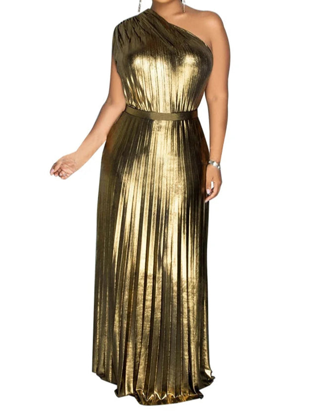 Metallic Golden One Shoulder Sleeveless Pleated A-Line Maxi Dress Elegant Cocktail Dress