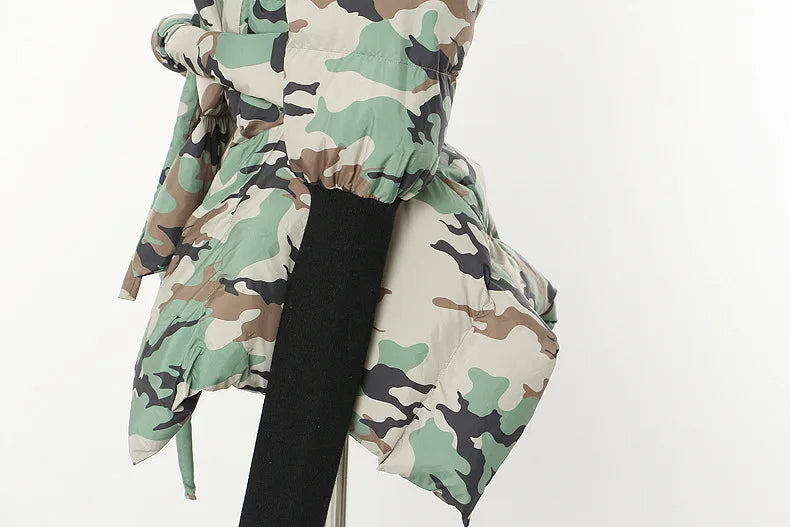 Women's Cotton-padded Coat Belt Irregular Waist Camouflage Knitted Sleeve Parkas Jackets Winter Jackets