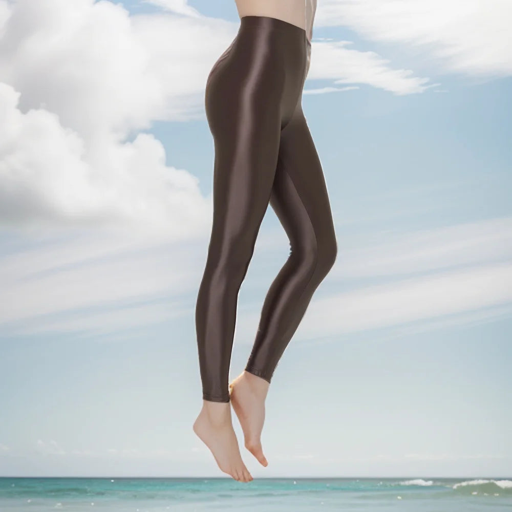 Womens Satin Glossy Sexy Opaque Pants Shiny Oil Wet look Tights Leggings M-3XL