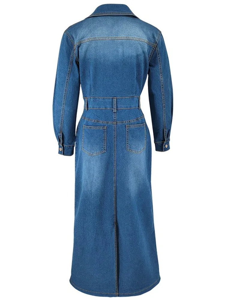 Denim Dress Women Sexy Button Bodycon Maxi Fashion Slip Hem Pockets Maxi Dressers