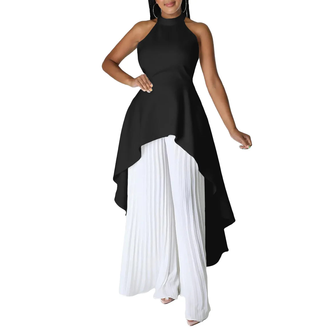 Elegant Two Piece Set Women Outfit Backless Top Hundred Pleated Wide Leg Pants Trousers Suit Summer Office Lady Suit