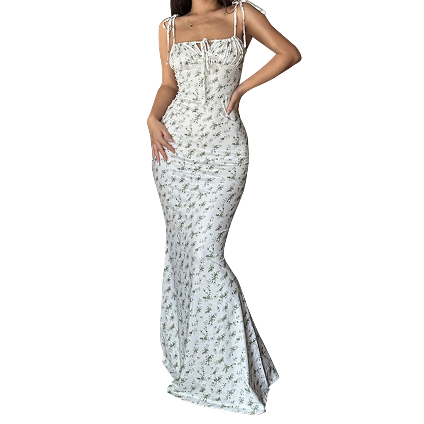 Women Elegant Floral Print Spaghetti Strap Dress with Drawstring Waist