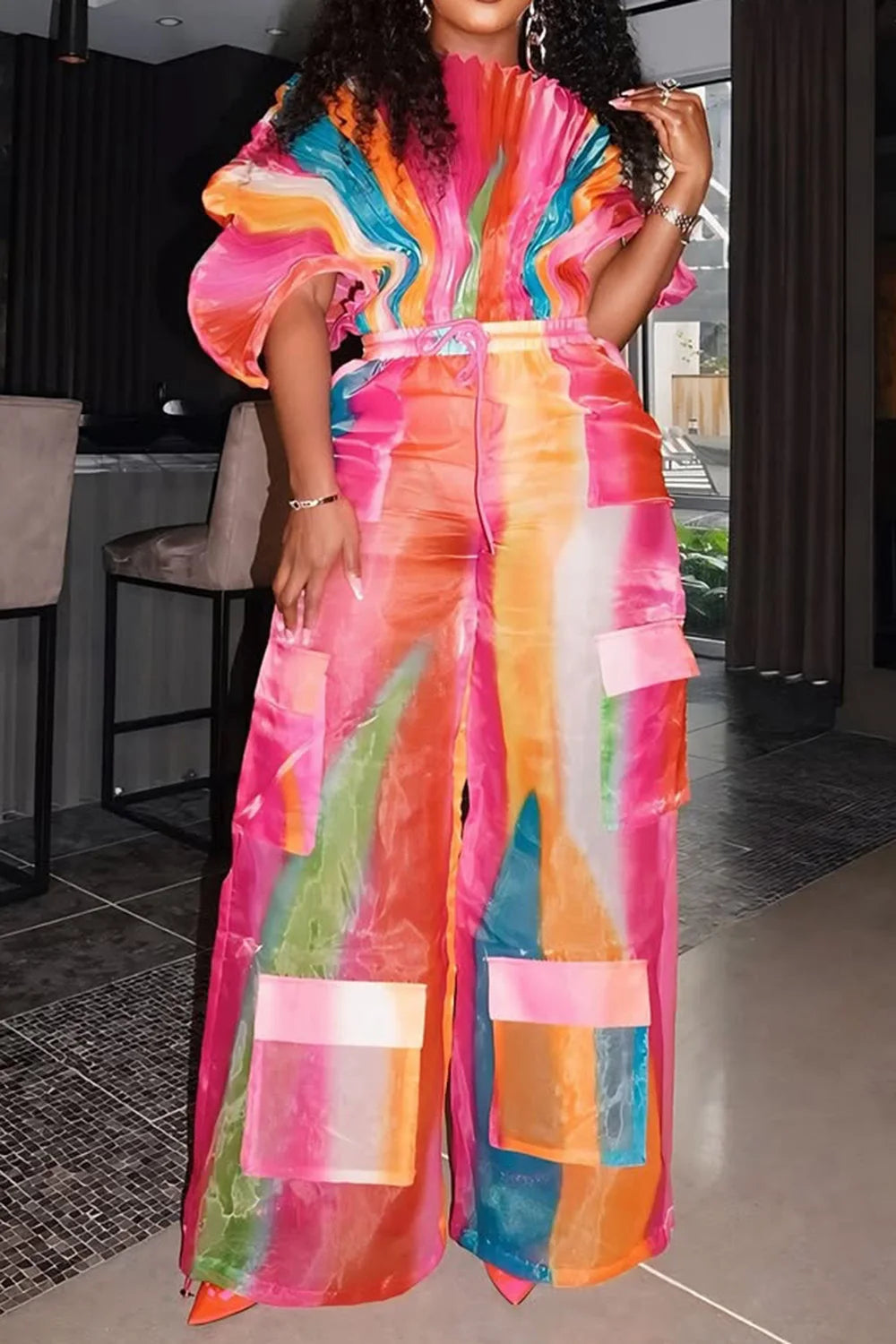 Plus Size Hot Pink Gradient Round Neck Batwing Sleeve Half Sleeve Cargo Pleated Two Piece Pant Sets