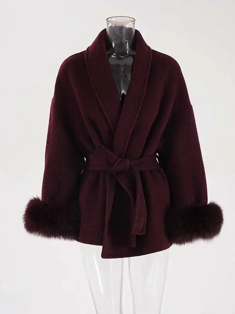 Women Overcoats Fur Patchwork Long Sleeve Woolen Coat