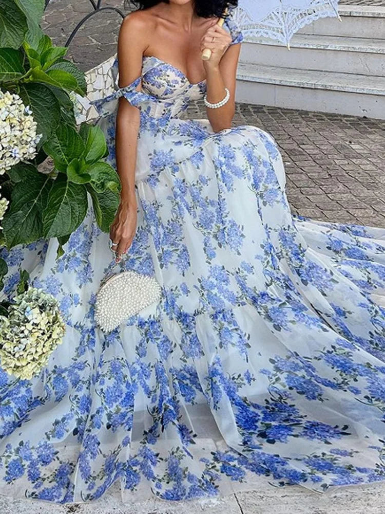 Floral Print Sleeveless Elegant Maxi Party Dress Women Backless Fit Flare Swing Maxi Dress