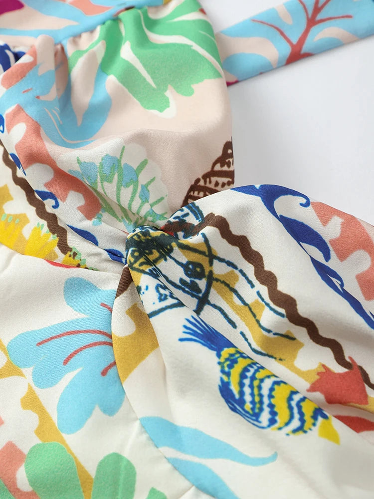 Colorful Printed Suspenders Skirt Set Women Patchwork Quilted High Waist Skirt Two Piece Summer