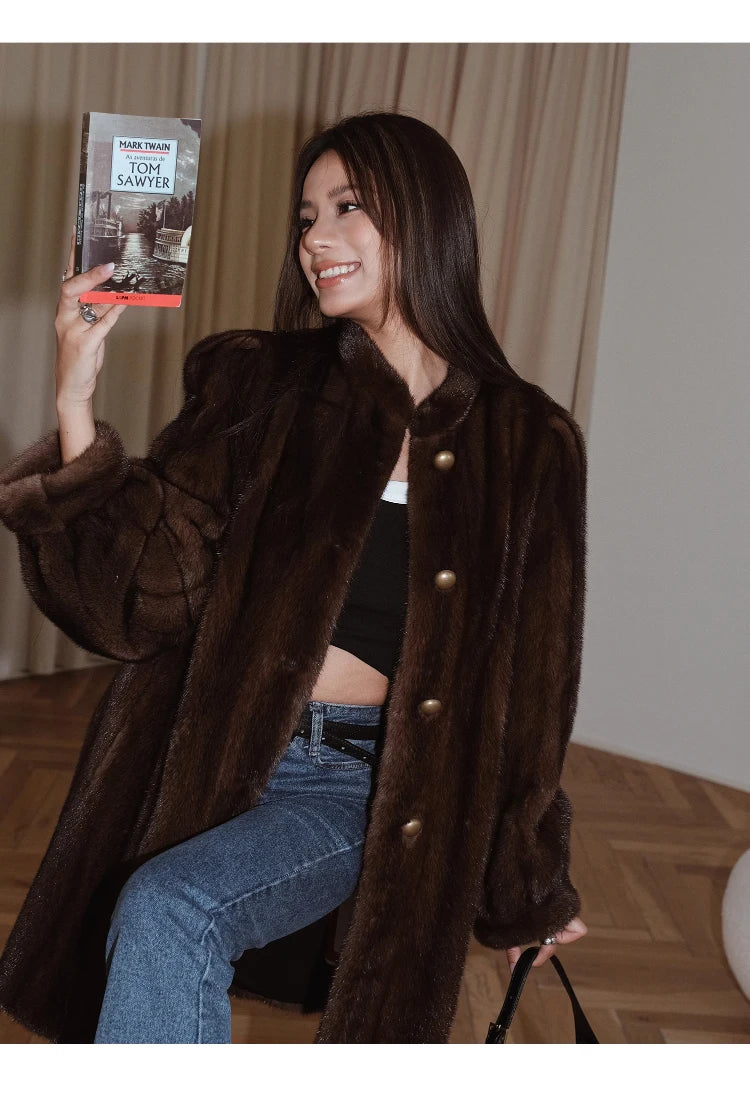 Brown Thick Warm Soft Faux Mink Fur Coat Women Puff Sleeve Stand Collar Fluffy Jacket