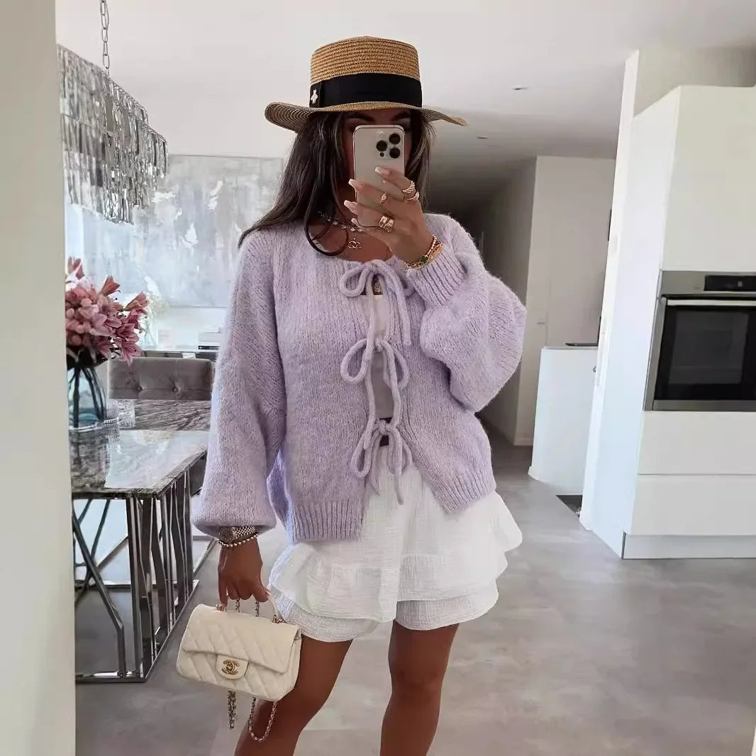 Elegant Knitted Cardigan Sweater Women's Lace up Cardigan
