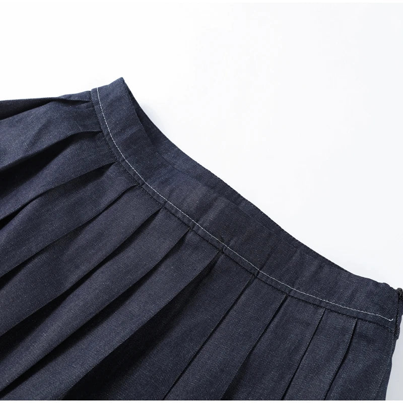 Denim Jacket Mini Skirt Women 2 Piece Set Stand Collar Zipper Long Sleeve Pocket Coat A-line Skirts